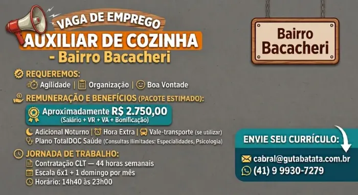 VAGA DE TRABALHO AUXILIAR DE COZINHA - CABRAL/BACACHERI