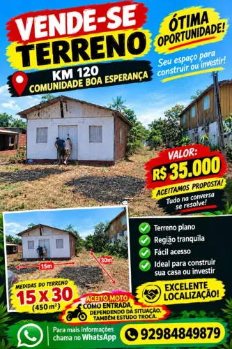 Terreno 450m² à venda na Comunidade Boa Esperança, KM 120, Presidente Figueiredo - AM!<br>