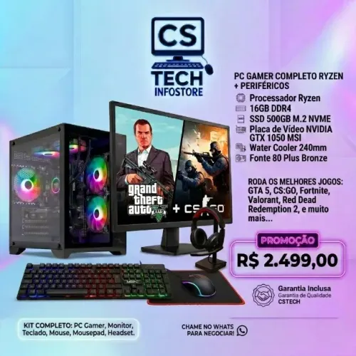 Pc Gamer Completo Ryzen (Novo + Garantia) 16gb Ddr4 - SSD 500gb M.2 Nvme - Gtx 1050