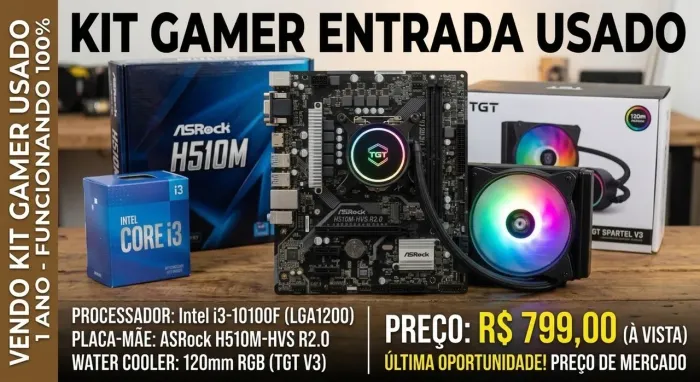 Kit Upgrade Gamer Entrada: Core i3 10100F + Placa Mãe H510M + Water Cooler 120mm