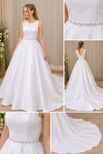 Vestido de Noiva Branco Elegante com Pedraria na Cintura e Cauda Longa - Minimalista