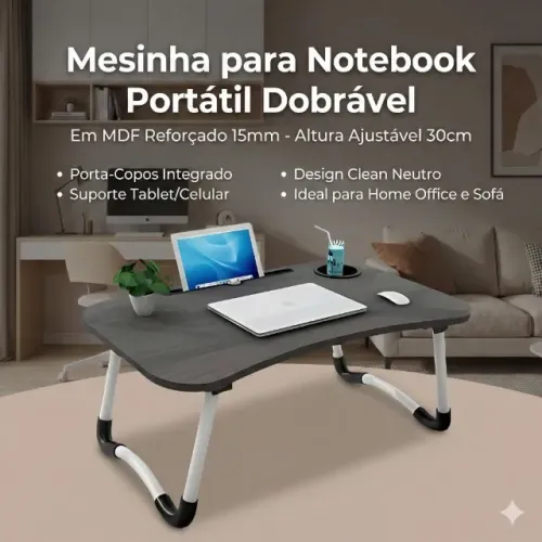 Mesinha para Notebook Portátil Dobrável Com Porta Copos Home Office Tablet Sofá em MDF