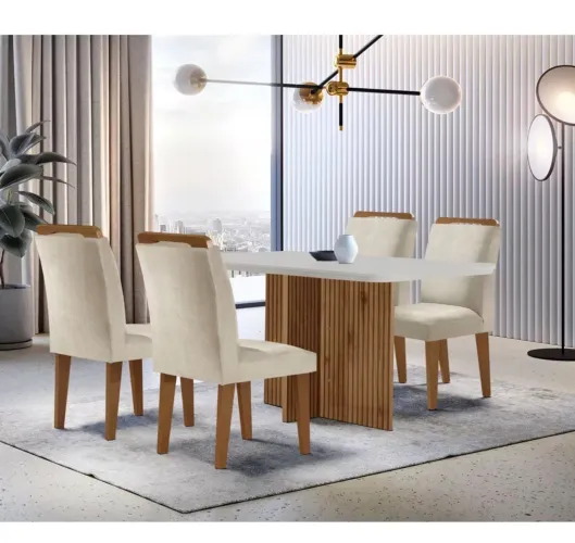 Mesa de jantar 120CM MDF Canto Reto com 4 Cadeiras Athenas Moderna