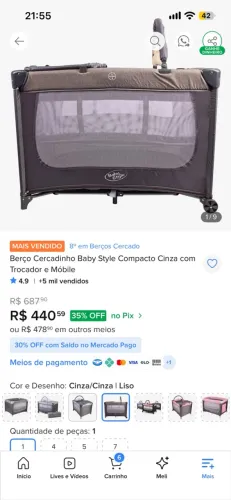 Berço Cercadinho Baby Style Compacto Cinza com Trocador
