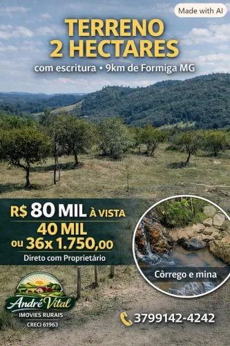 2 Hectares em Formiga - MG com Escritura. Financiamento próprio em até 60x