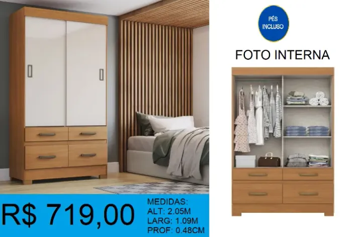 Roupeiro 2 Portas de Correr 4 Gavetas Entrega e Montagem Gratis