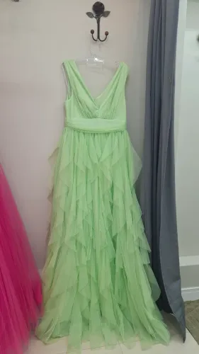 Vestido de festa verde água longo