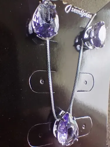 Conjunto de cordão e Brincos pedras roxas