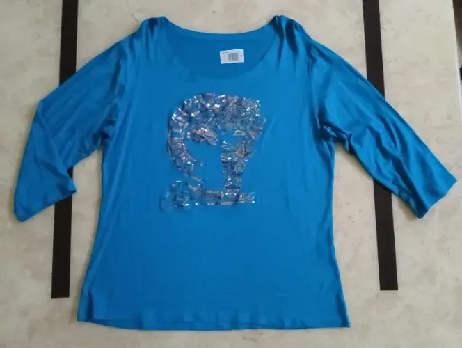 Moda grande tam 48 Blusa Feminina Azul petróleo Reta Manga 3/4 estampa transfer