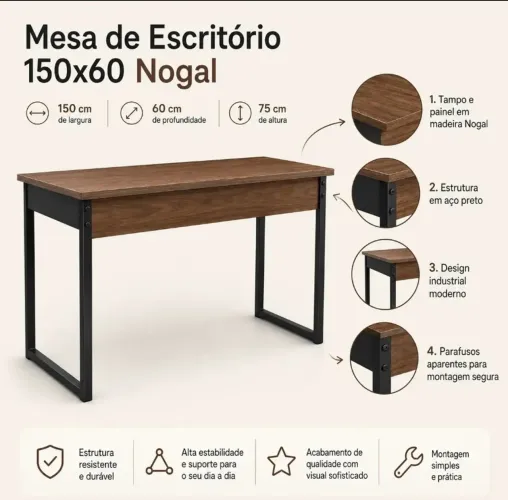 Mesa Industrial 150cm X 60 Em Madeira Para Escritório Gamer