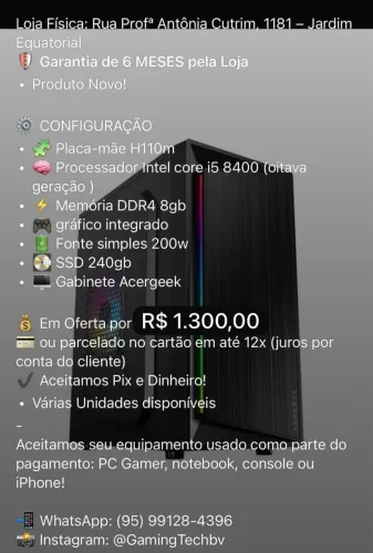 Computador i5 8400 ddr4 Ssd 240gb uso escritório