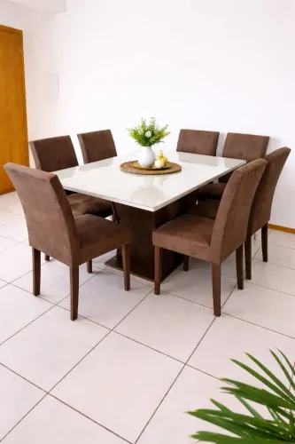 Conjunto Sala de Jantar Mesa Tampo de Vidro 6 Cadeiras Chocolate/Off White/Suede Beg