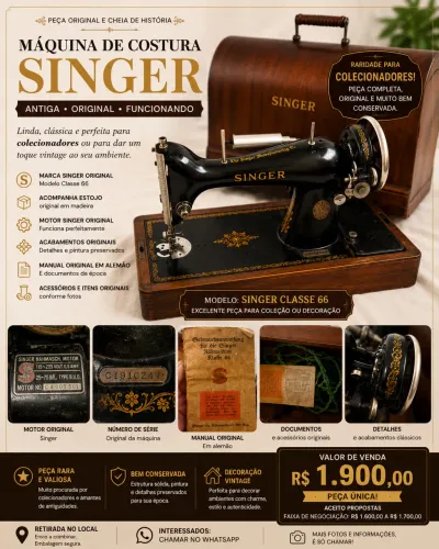 Máquina de Costura Singer Classe 66 Antiga Original | Estojo em Madeira | Manual Original