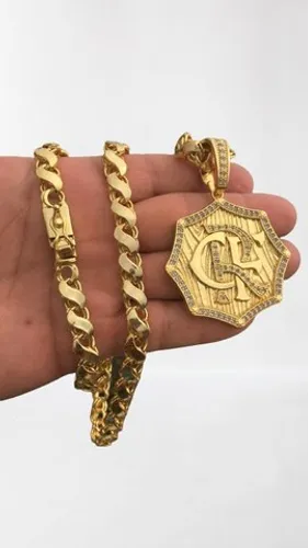 Cordão Flamengo Friso S Lançamento  banho ouro 24k 8mm Pingente cravejado