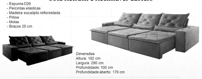Sala sofá retrátil e reclinável de 290 cm 