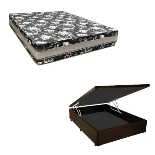 Base Box Baú Casal Super Black Sintético + Colchão Casal D33 26x138x188
