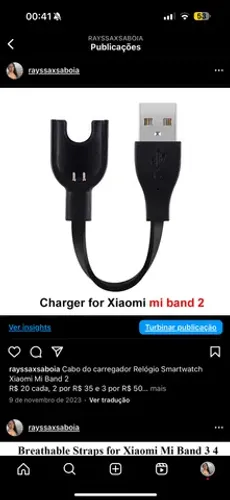 Cabo do carregador Relógio Smartwatch Xiaomi Mi Band 2