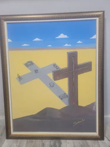 Quadro religioso com cruz e símbolos