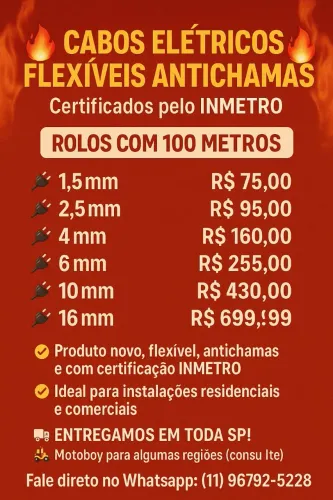 Cabos Elétricos Flexíveis Antichamas - Rolo 100 Metros