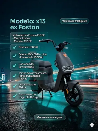 Moto Elétrica Foston X13 EX 1000W Autonomia 40km Bateria Lítio