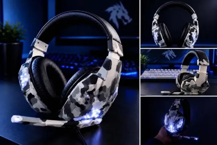Fone Gamer Headset Camuflado Anti Ruido Microfone P3 Usb, Led branco