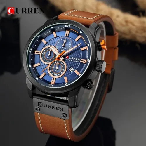 Relógio Masculino Curren Miami - Caixa Inox Preta, Fundo Preto + Pulseira Marrom Claro