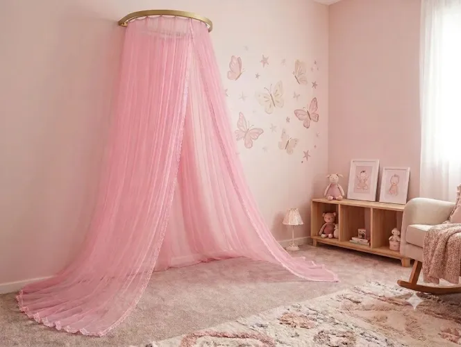 Kit Véu Mosquiteiro Rosa com Dossel Liso- Entrega Grátis