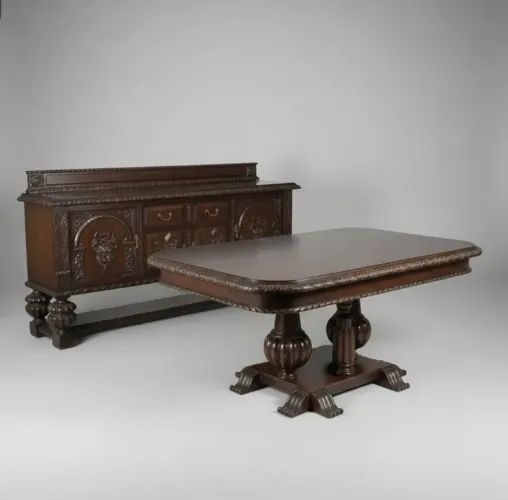 Conjunto de Sala de Jantar Colonial - Bufê, mesa, cadeira de Couro