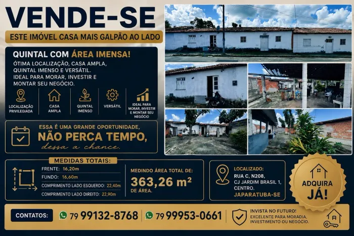 Vende-se imóvel- casa mais galpão do lado / quintal com área imensa 