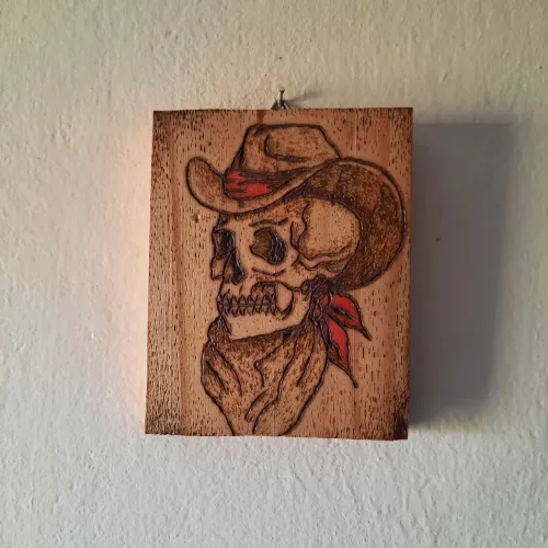 Quadro decorativo Caveira Western (pirografia)