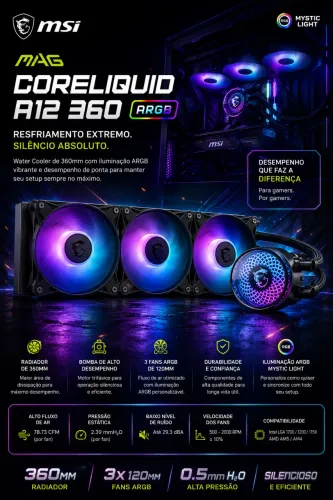 Water Cooler MSI MAG CORELIQUID A12 360 ARGB 360mm | Intel e AMD
