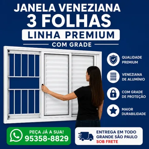 Janela Veneziana 3 Folhas Alumínio Branco Premium com Grade