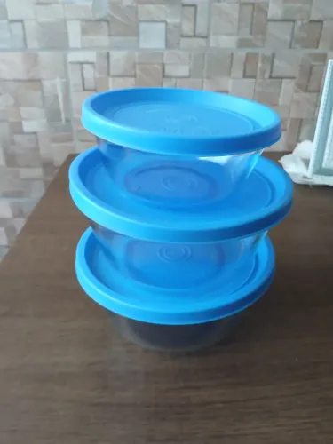 Conjunto 3 Potes de Vidro Marinex com Tampa Azul - Conservados" original 