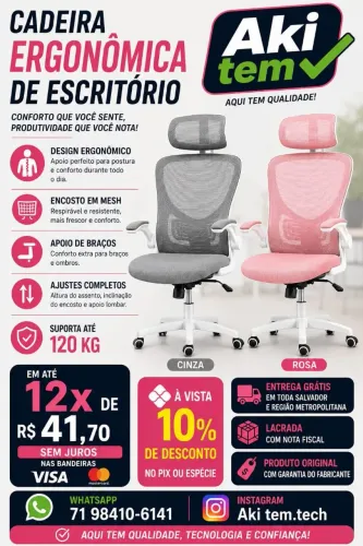 CADEIRA DE ESCRITORIO ERGONÔMICA SUPORTA 120 KILOS LACRADA E COM NOTA.