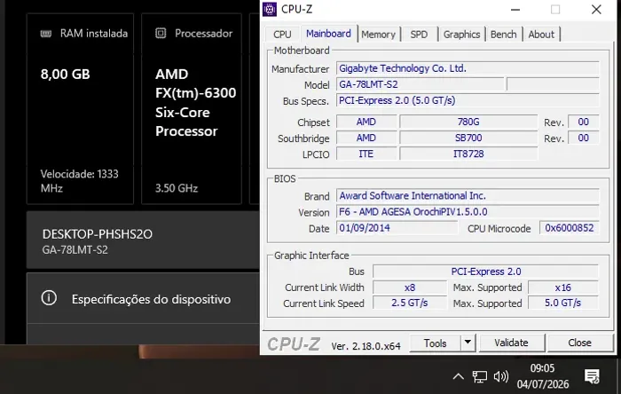 Computador FX 6300 + 8GB ram + Placa mãe Gigabyte + Air Cooler
