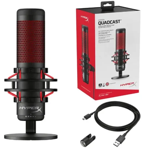 Microfone Gamer HyperX QuadCast Podcast, Antivibração, LED, Preto e Vermelho