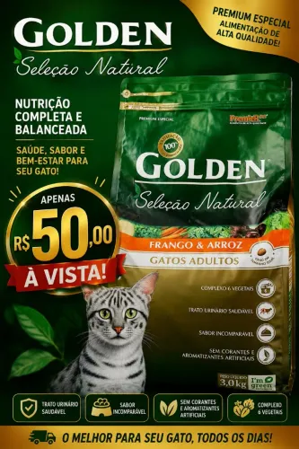 Premier Pet Ração Golden Seleção Natural para Gatos Adultos, 3kg, Sabor Frango e Arroz