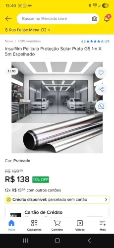 insulfime pelicula pretecao solar prata g5 espelhado 1m 5 metros