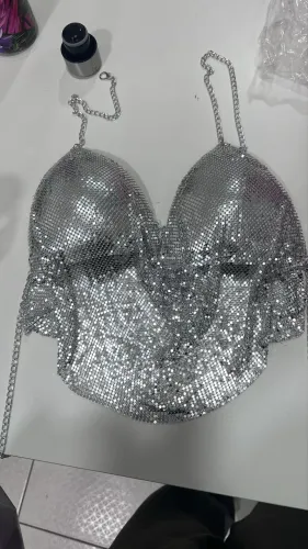 Vendo Cropped Metalizado Prata Luxo com Brilho Alças de Corrente