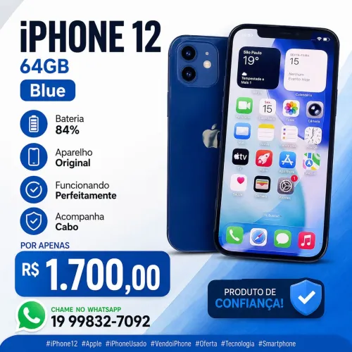 Oportunidade aparelho impecável iPhone 12 64gb bateria 84%