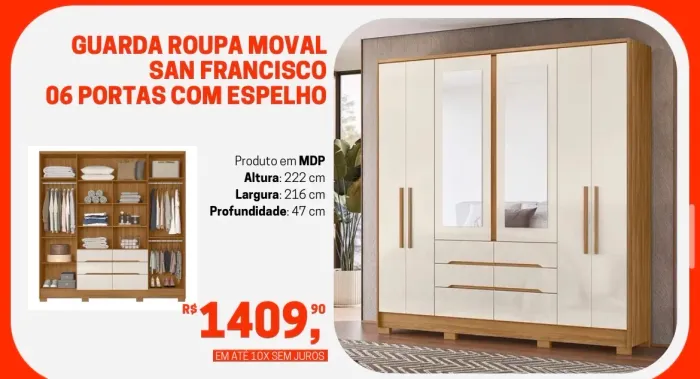 Guarda-Roupa Moval San Francisco - 06 Portas com Espelho - Novo!