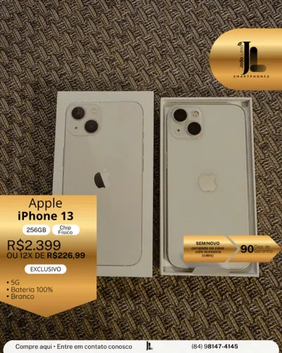 IPHONE 13, 5G, 256GB, CHIP FÍSICO, BRANCO, BAT 100%, SEMINOVO, EXCLUSIVO!