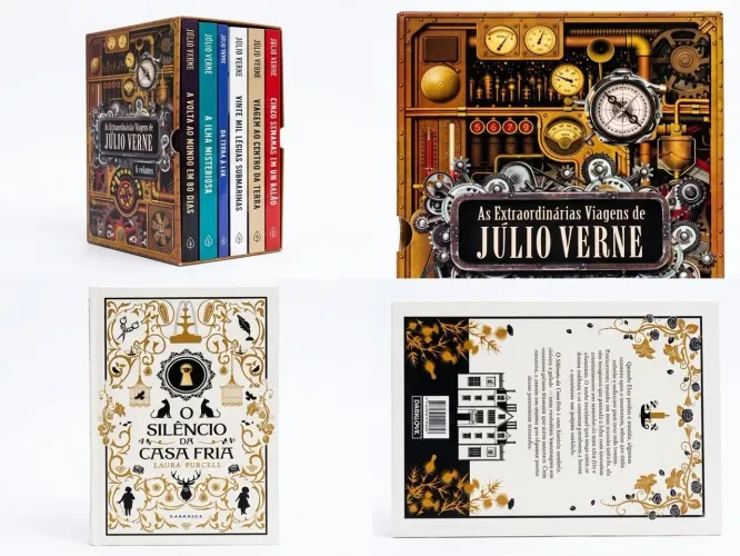 Livros, o silêncio da casa fria e box das extraordinárias viagem de Júlio Verne
