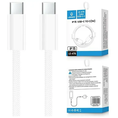 Cabo Nylon Type-C p/ Type-C para Iphone 16 Pro 16 Pro Max LE-478C-C