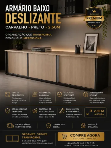 Armário Baixo Deslizante Carvalho 2,50m - Fabricamos móveis sob encomenda