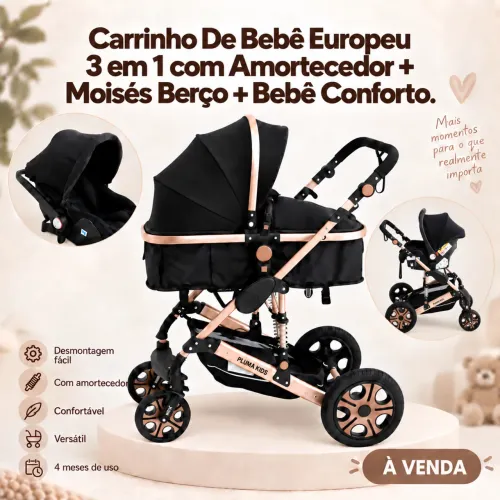 Carrinho De Bebê Europeu 3 em 1 com Amortecedor + Moisés Berço + Bebê Conforto.
