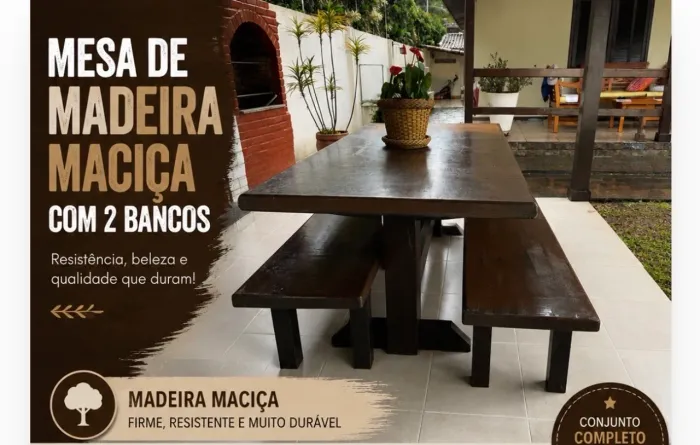 Mesa de madeira maciça de 2 m de comprimento e 1 de largura com 2 bancos de madeira