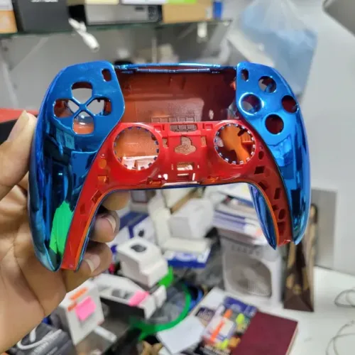 Carcaça Capa Externa para Controle PS5 - Azul Cromado + Laranja - Personalizada