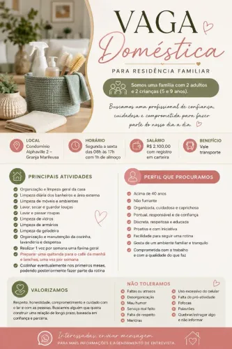 OPORTUNIDADE DE TRABALHO - PROFISSIONAL DOMÉSTICA