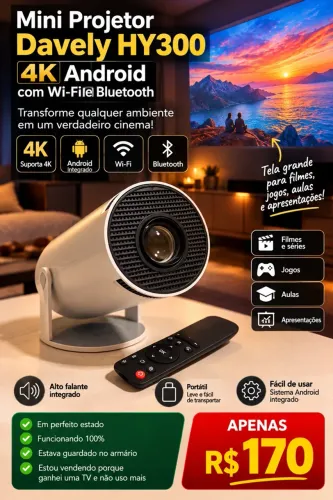 Mini Projetor Davely HY300 4K Android com Wi-Fi e Bluetooth - R$ 170